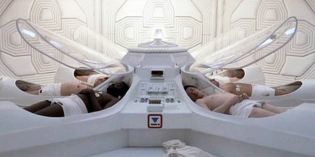 Deep-space travellers awaken from hibernation suspended animation in a scene from the 1979 film, "Alien."