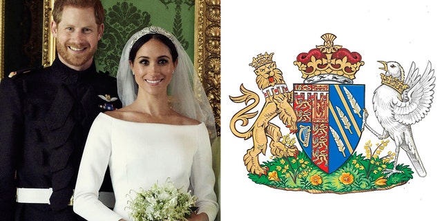 The image of the right shows the newly created coat of arms of Meghan Duchess of Sussex. Mehgan Markle and Prince Harry married on Saturday, May 19, and are now known as The Duke and Duchess of Sussex.