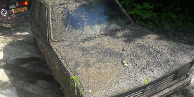 This undated photo released on Thursday, Aug. 31, 2017 by Gendarmerie Nationale shows a Peugeot 104 recovered this week in France's Champagne country, 38 years after it was stolen. Teeming with crayfish, the car was in surprisingly good shape and is expected to be reunited soon with its original owner. In a Facebook posting, police said the pond owner alerted officers in Chalons-en-Champagne, 160 kilometers (100 miles) east of Paris, on Monday about the discovery. The car became visible because drought dropped the water level.(Gendarmerie Nationale via AP)
