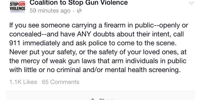In this august posting on their Facebook page, the Coalition to Stop Gun Violence urges the public to call the cops on any legal open carry gun owner that they feel may be a threat. (Buckeye Firearms Association)