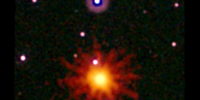 Images from NASA's Swift satellite were combined in this UV/optical/X-ray view of the explosion, which is known as GRB 110328A. The blast was detected in X-rays, which were collected on March 28.