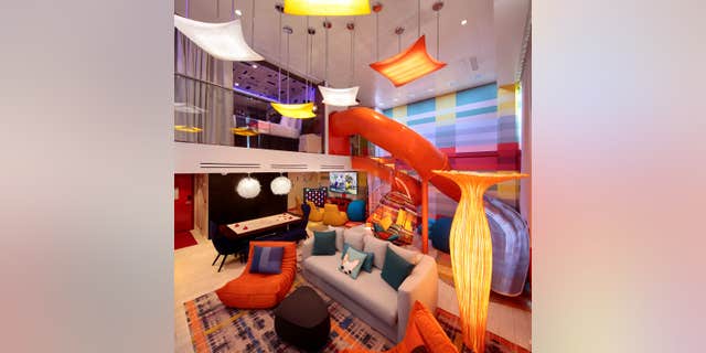 The suite also features a theater area, a gaming area and a popcorn machine.