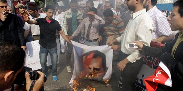 Syrian protesters burn a picture of Syrian President Bashar Assad during a protest in front of the Arab League headquarters in Cairo, Egypt, Saturday, Nov.12, 2011.