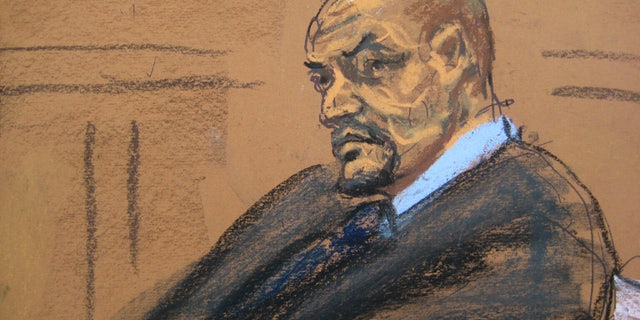 A sketch of Tairod Pugh in court.