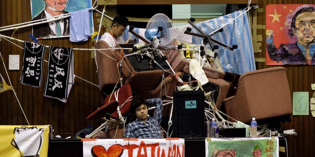 March 28, 2014: Student protesters against a pro-China trade pact continue to occupy the legislature floor in Taipei, Taiwan.