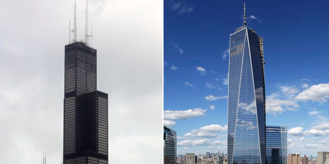 This combination made from file photos shows Willis Tower, formerly known as the Sears Tower, in Chicago on March 12, 2008, left, and One World Trade Center in New York on Sept. 5, 2013.