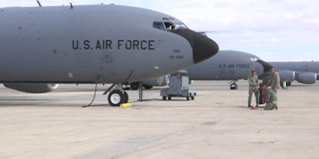 A KC-135 stratotanker sits on the tarmac at Nellis Air Force Base in Nevada during Red Flag training exercises.