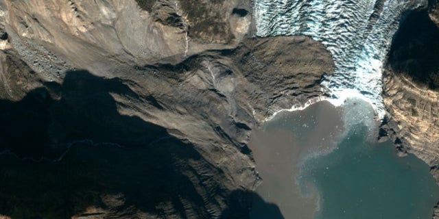 A 200 million ton landslide landed on the toe of Tyndall Glacier and in the water of Taan Fiord on Oct. 17 local time in Icy Bay, Alaska. It was detected by seismologists on the other side of the country. (NSF Polar Geospatial Center)