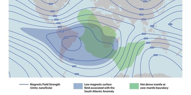 This depicts the lower strength of the Earth's protective magnetic field over the Southern Atlantic Anomaly, overlaid with the hot, dense mantle rock of an underlying feature deep below. John Tarduno and other researchers think the irregularity
