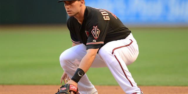 Apr 11, 2015; Phoenix, AZ, USA; Arizona Diamondbacks first baseman Paul Goldschmidt (44) looks on against the Los Angeles Dodgers at Chase Field. The Diamondbacks won 6-0. Mandatory Credit: Joe Camporeale-USA TODAY Sports