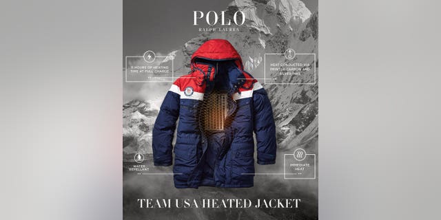 The heating element is “made from electronic printed conductive inks, printed into the shape of an American flag in carbon and silver ink,” and bonded to the inside of the team’s opening ceremony parkas and closing ceremony bomber jackets, according to Ralph Lauren.