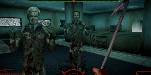 A screengrab of "Tea Party Zombies Must Die" depicts former U.S. Speaker of the House Newt Gingrich, left, and Fox News' Bill O'Reilly. The game is billed as "first-person shooter" featuring multiple firearms and a crowbar.