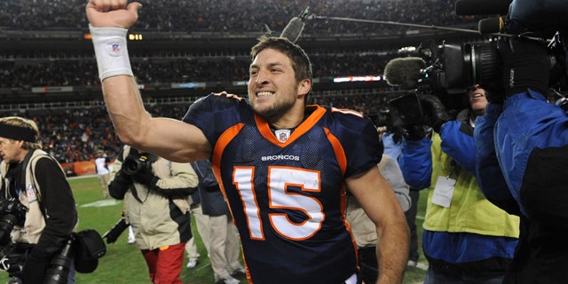 Jan. 8, 2012: Denver Broncos quarterback Tim Tebow (15) celebrates after beating the Pittsburgh Steelers 29-23 in overtime of an NFL wild card playoff football game in Denver.