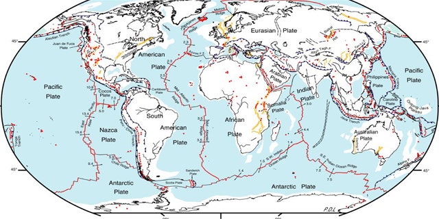 A map of world tectonic activity. Red lines are plate boundaries, arrows indicate spread rate and direction, red dots are active volcanic centers and yellow lines indicate faults or rifts.