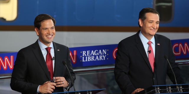 SIMI VALLEY, CA - SEPTEMBER 16:  Republican presidential candidate Marco Rubio and Ted Cruz take part in the presidential debates at the Reagan Library on September 16, 2015 in Simi Valley, California. Fifteen Republican presidential candidates are participating in the second set of Republican presidential debates.  (Photo by Justin Sullivan/Getty Images)