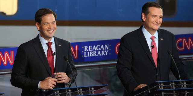 SIMI VALLEY, CA - SEPTEMBER 16: Republican presidential candidate Marco Rubio and Ted Cruz take part in the presidential debates at the Reagan Library on September 16, 2015 in Simi Valley, California. Fifteen Republican presidential candidates are participating in the second set of Republican presidential debates. (Photo by Justin Sullivan/Getty Images)