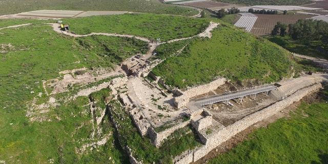 The gate structure, seen to the left, exposed at Tel Lachish National Park.