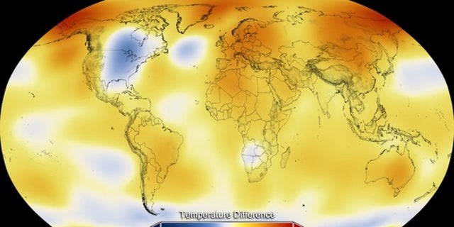 This color-coded map displays global temperature anomaly data from 2014.