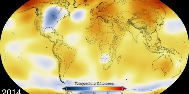 This color-coded map displays global temperature anomaly data from 2014.