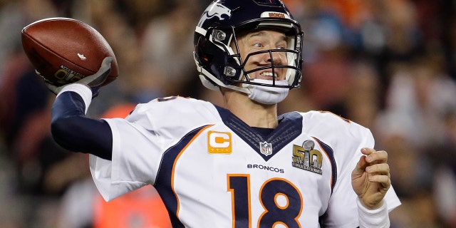 Feb. 7, 2016: Peyton Manning of the Denver Broncos passes against the Carolina Panthers during the second half of Super Bowl 50 in Santa Clara, Calif. (AP/Julio Cortez)