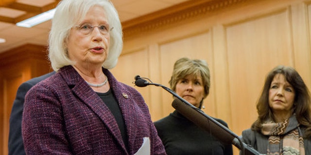 Jan. 15, 2014: Republican Sen. Mae Beavers of Mt. Juliet, left, speaks at a press conference in Nashville, Tenn., about her bill seeking to ban state participation in the federal health care law. To her right are state Republican Reps.Terri Lynn Weaver of Lancaster and Sheila Butt of Columbia.