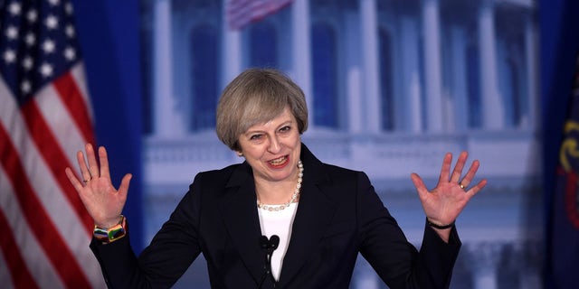 British PM Teresa May speaks during a Republican conference in Philadelphia, Pennsylvania on Jan. 26, 2017.