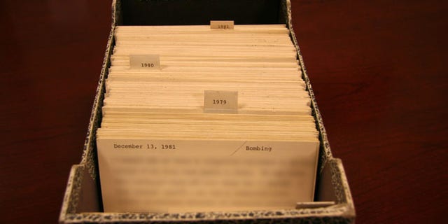 This undated handout photo provided by the National Counterterrorism Center (NCTC) shows the a box a redacted files with names of suspected terrorists.