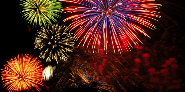 Cluster of colorful Fourth of July fireworks