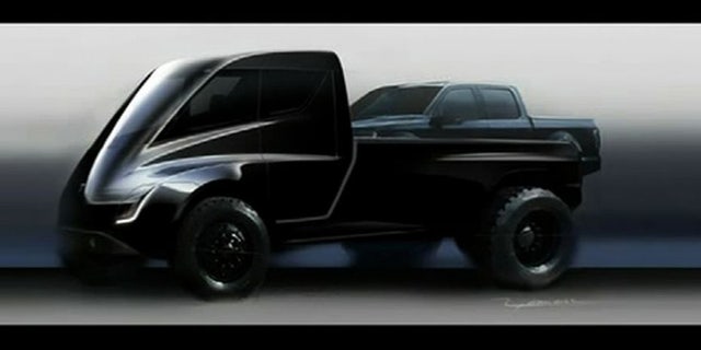 Tesla hasn't revealed what its pickup will look like, but has revealed a humorous image of one large enough to carry a Ford F-150 in its bed.