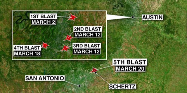 A map shows the location of each the bombings in Austin.