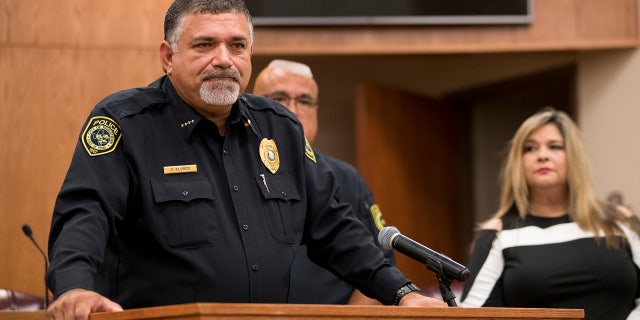 Robstown Chief of Police Erasmo Flores speaks at a news conference, Saturday, July 28, 2018, in Robstown, Texas.
