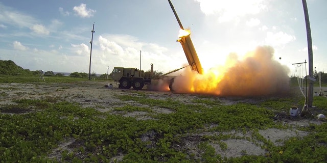 A Terminal High Altitude Area Defense (THAAD) interceptor is launched from a THAAD battery located on Wake Island, during Flight Test Operational (FTO)-02 Event 2a, conducted Nov. 1, 2015.