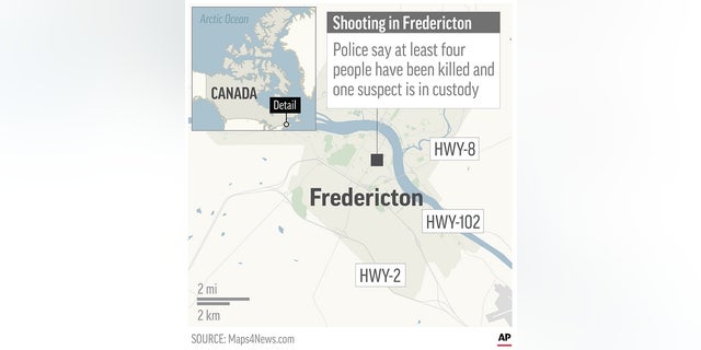 Map locates Fredericton, Canada, where a shooting left four people dead on Friday, August 10, 2018.