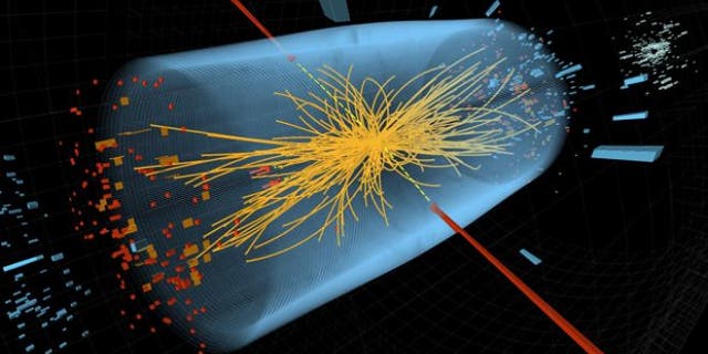 Dec. 10, 2011: Two high-energy photons shown as red towers are smashed together in the LHC. The yellow lines are the measured tracks of other particles produced in the collision -- possible evidence in the hunt for the Higgs Boson.
Read more: http://www.foxnews.com/scitech/2011/12/13/search-closes-in-on-elusive-higgs-particle/#ixzz1oRVvyJhr
