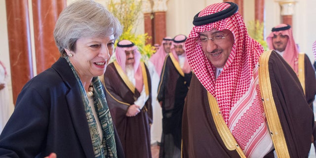 Saudi Arabian Crown Prince Muhammad bin Nayef welcomes British Prime Minister Theresa May in Riyadh, Saudi Arabia, on April 4th, 2017.