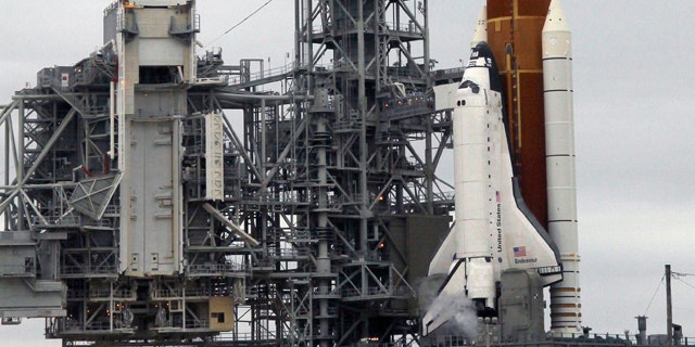 The space shuttle Endeavour sits on Launch Pad 39-A during fueling at Kennedy Space Center in Cape Canaveral, Fla., Friday, April 29, 2011. Endeavour, on her final flight, is scheduled to lift off this afternoon on an 14-day mission to the international space station.