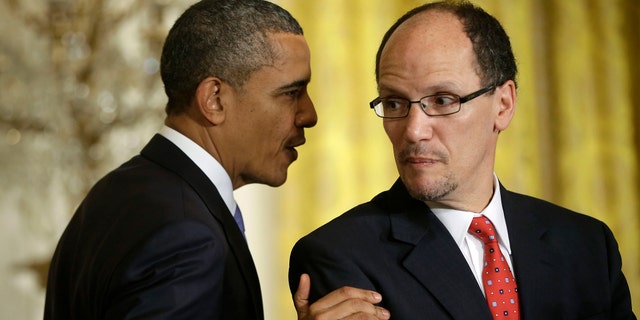 President Barack Obama talks with his nominee for Labor Secretary, Thomas E. Perez, during an announcement, Monday, March 18, 2013, in the East Room of the White House in Washington. (AP Photo/Pablo Martinez Monsivais)