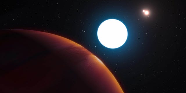This image provided by the European Southern Observatory shows an artist's impression of the triple star system HD 131399 from close to the gas giant planet orbiting in the system. A University of Arizona-led team used an ESO telescope in Chile to find the system 320 light years away. The astronomers revealed their findings Thursday, July 7, 2016. (L. Calçada/ESO via AP)