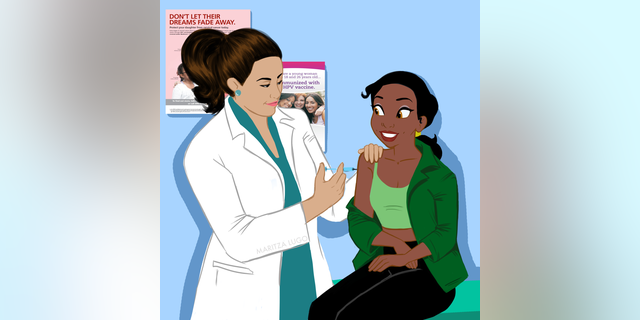 Tiana, from Disney's The Princess and the Frog, getting her HPV vaccine shot.