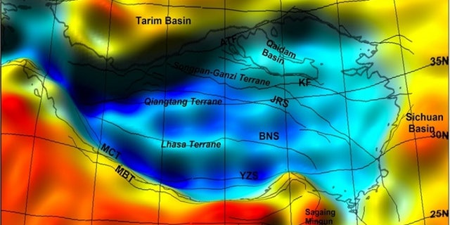 This shaded relief map shows the rock deep beneath the Tibetan Plateau, with colors indicating kilometers below Earth's surface.