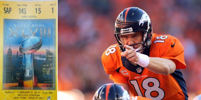 The ticket is fake, but its bar code is real enough to get a fan inside MetLife Stadium to see Peyton Manning lead the Broncos against the Seahawks in the Super Bowl. (AP)