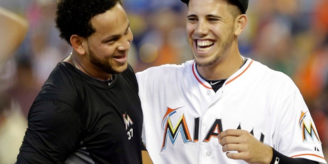 Sept. 29, 2013: Miami Marlins starting pitcher Henderson Alvarez, left, and Jose Fernandez, right, celebrate Alvarez's no-hitter against the Detroit Tigers.
