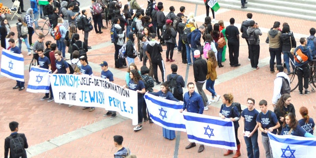 Pro-Israel students at UC Berkeley demonstrate in front of Students for Justice in Palestine.
