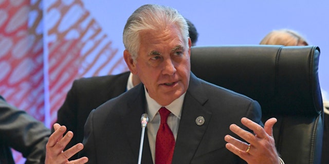 U.S. State Secretary Rex Tillerson gestures before the 10th Lower Mekong Initiative Ministerial Meeting, part of the Association of Southeast Asian Nations (ASEAN) Regional Forum in Manila, Philippines,n Sunday Aug. 6, 2017. (Mohd Rasfan/Pool Photo via AP)