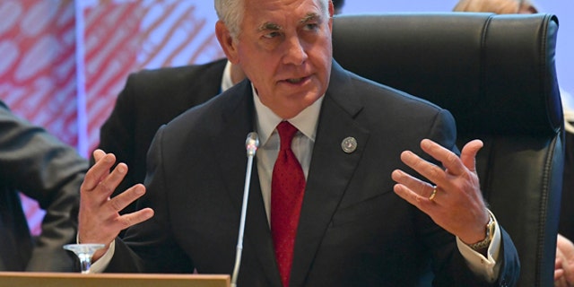U.S. State Secretary Rex Tillerson gestures before the 10th Lower Mekong Initiative Ministerial Meeting, part of the Association of Southeast Asian Nations (ASEAN) Regional Forum in Manila, Philippines,n Sunday Aug. 6, 2017. (Mohd Rasfan/Pool Photo via AP)