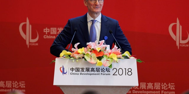 Apple CEO Tim Cook speaks at the China Development Forum in Beijing on Saturday.