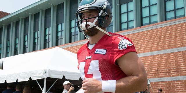 May 28, 2015; Philadelphia, PA, USA; Philadelphia Eagles quarterback Tim Tebow (11) takes the field during OTA's at the NovaCare Complex. Mandatory Credit: Bill Streicher-USA TODAY Sports