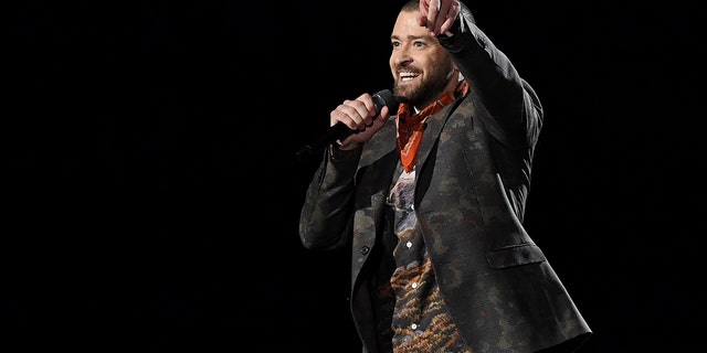 Feb 4, 2018; Minneapolis, MN, USA; Justin Timberlake performs during half time in Super Bowl LII between the New England Patriots and the Philadelphia Eagles at U.S. Bank Stadium. Mandatory Credit: John David Mercer-USA TODAY Sports - 10588159