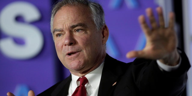 Senator Tim Kaine (D-VA) speaks about healthcare reform in Washington.