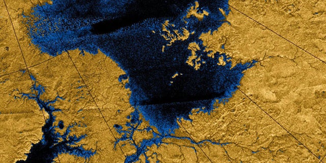 Images from NASA's Cassini mission show river networks draining into lakes in Titan's north polar region.